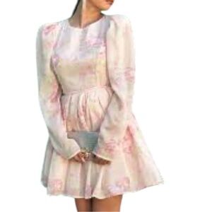 MABLE Rose Print Puff-Sleeve Mini Dress | Belted Fit-&-Flare  | Size Small